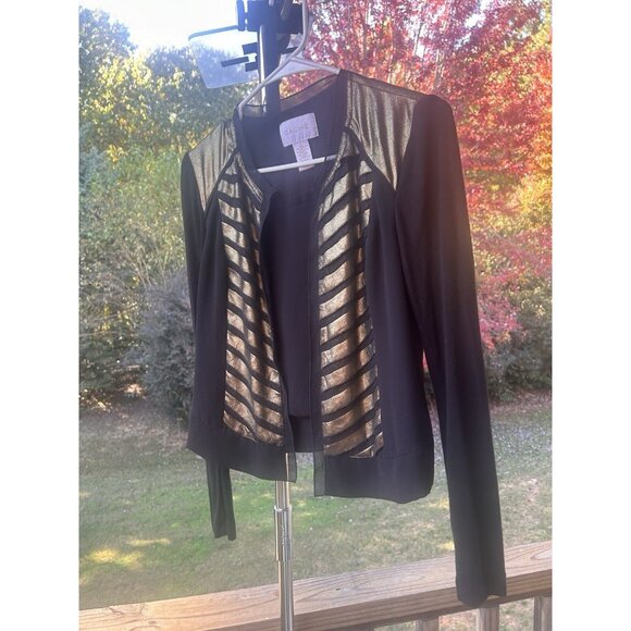 Cache Cardigan Jacket Open Front Top Black & Metallic Gold Holiday Party Size 0 - Picture 4 of 16